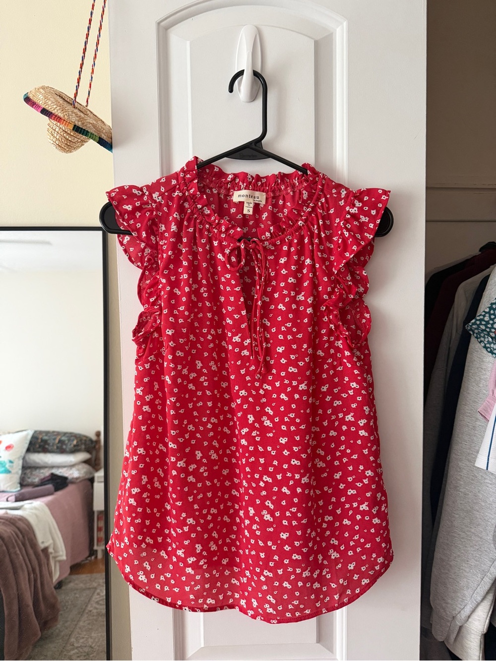 Monteau Red Floral Ruffle Tie-Neck Camisole